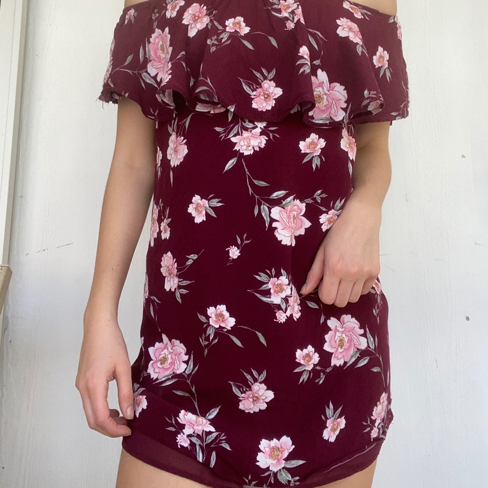 Off the shoulder red dress with flowers